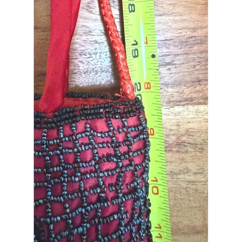Vintage 90s Red Satin Hand Beaded Mini Handle Bag Crossbody Art Deco Elegant